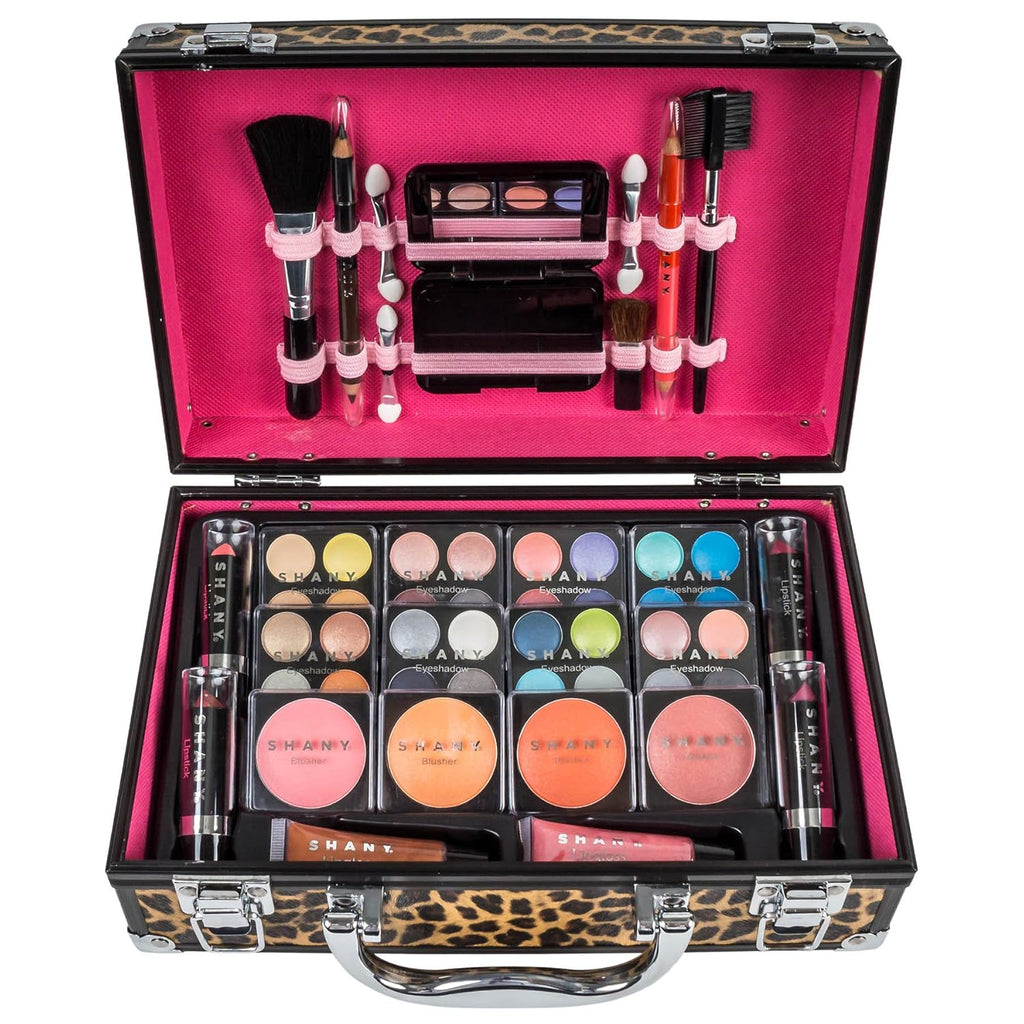 Carry All Make up Train Case with Pro Makeup Set, Beauty Brushes, Lipsticks, Eye Shadows, Blushes, Powders, and More - Reusable Cosmetics Storage Organizer - Premium Gift Packaging - Leopard