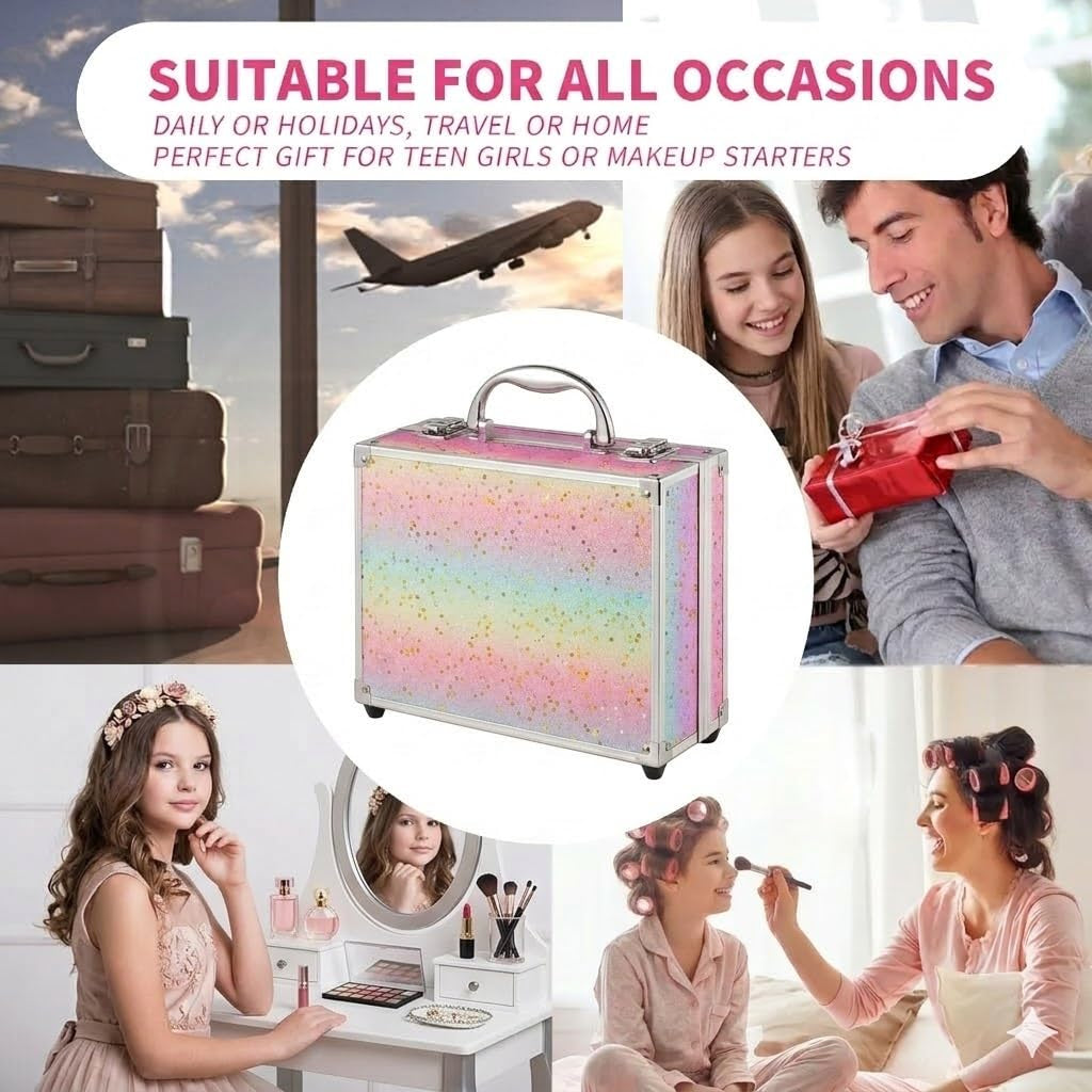 Makeup Kit for Teenager Girls - Full Starter Cosmetics Set with Eye Shadow Lip Balm Blush Lip Gloss Brush Lip Pencil Eye Pencil and Mirror (Rainbow)
