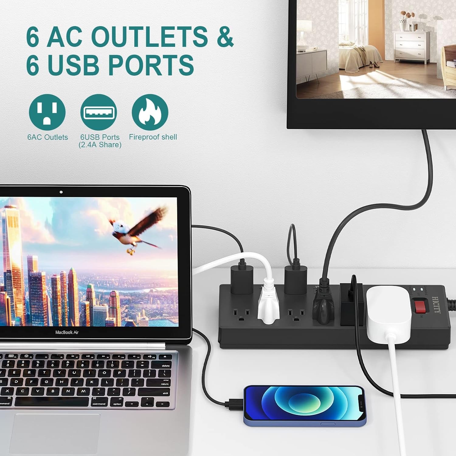 Power Strip,  Surge Protector with 6 AC Outlets and 6 USB Ports, Wall Mountable Flat Plug Extension Cord, 1625W/13A, Widely Spaced Outlet for Home, Office, Hotel (6Ft, Black)